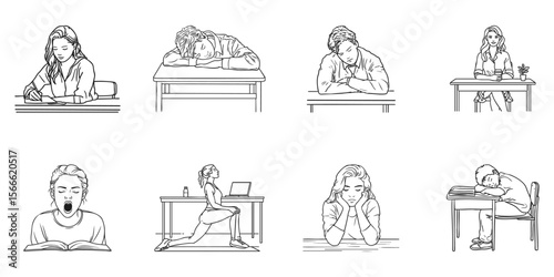 People In Various Desk Activities Set. Illustrating Work, Study, And Relaxation Scenarios Collection. Isolated Vector Illustration