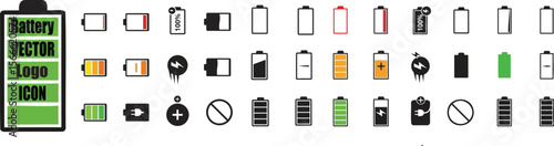 Battery charge level icons set in vector format with various status indicators and power symbols