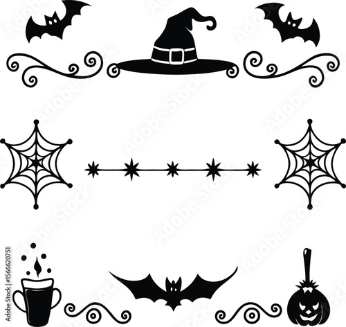 Halloween Elements Design and Text dividers doodle set Wedding decorative elements ornament borders lines Hand