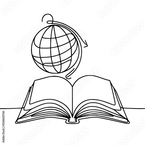 Open book with globe illustration in single line outline vector style  