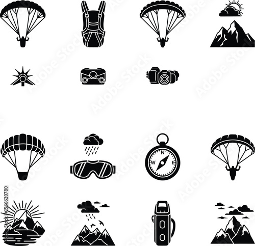 Collection of paragliding sports icons and mountain adventure elements