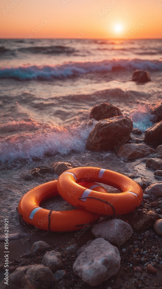 Obraz premium Life Preservers on the Beach at Sunset with Inflatable Ring