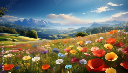 Eine sanft abfallende Wiese voller Wildblumen erstreckt sich über einen sonnendurchfluteten Hügel