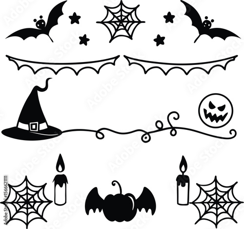 Halloween Elements Design and Text dividers doodle set Wedding decorative elements ornament borders lines Hand