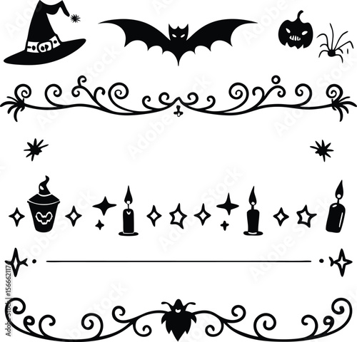 Halloween Elements Design and Text dividers doodle set Wedding decorative elements ornament borders lines Hand