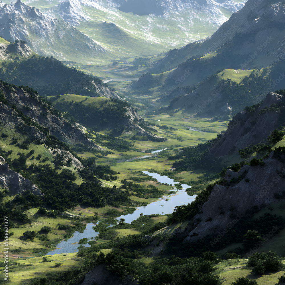 Obraz premium A mountain range with a river running through it