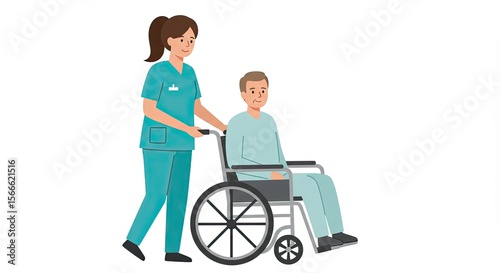 Illustration of a nurse pushing a patient in a wheelchair on a white background