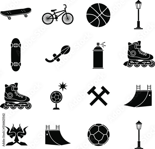 Collection of black silhouette icons representing urban sports and street culture elements