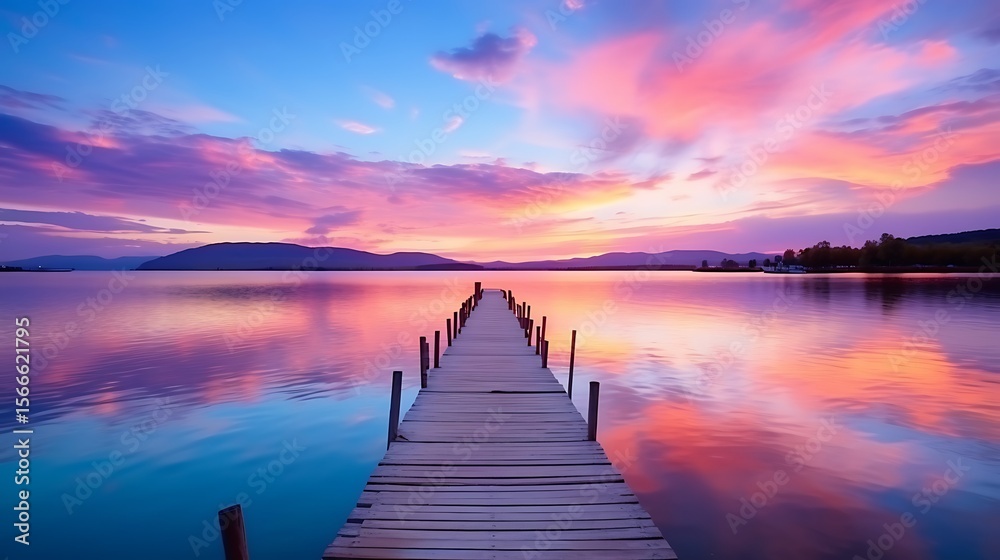 Fototapeta premium Golden sunrise over the lake with a wooden pier extending into the calm water, reflecting the vibrant sky and distant landscape