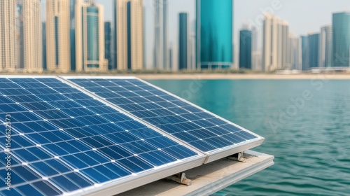 Solar Panels Overlooking Urban Skyline With Water Reflection