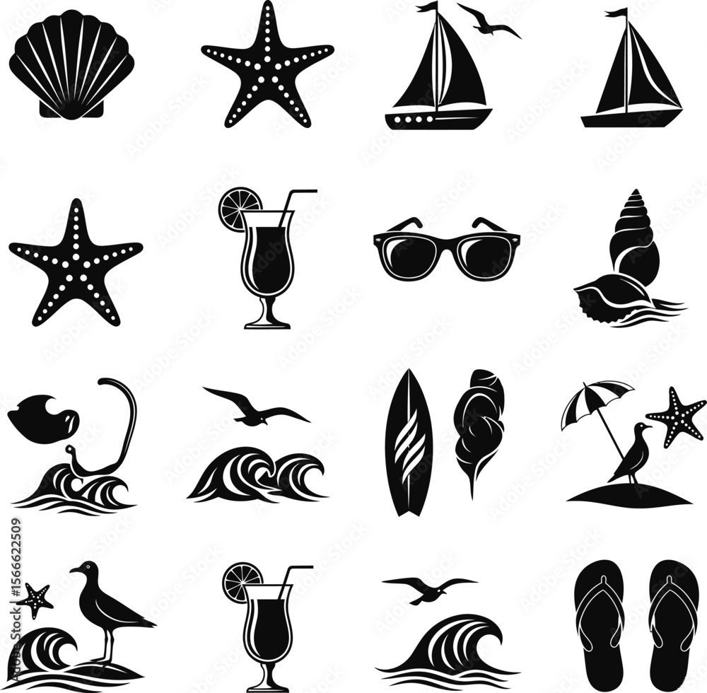 Fototapeta premium Collection of black and white summer beach vacation icons and symbols
