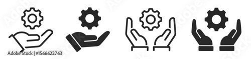 Gear in hand icons set. Service, support, instrument, wheel, machine, cog, symbol. Hands holding cogwheel coin flat and line style - stock vector.