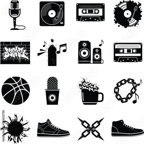 Collection of hip hop culture icons including music and urban elements