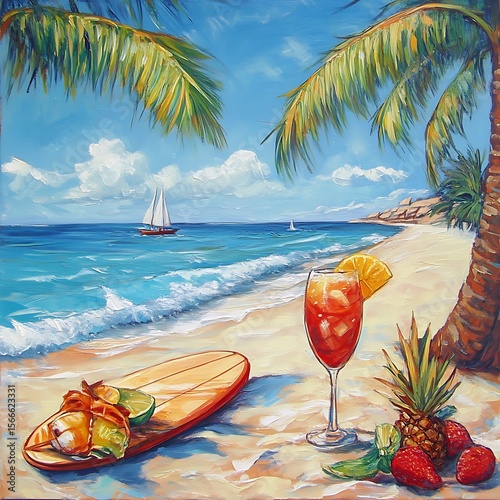 Beach and travel scenes: Sand, sun, ocean, surfboards, tropical drinks.