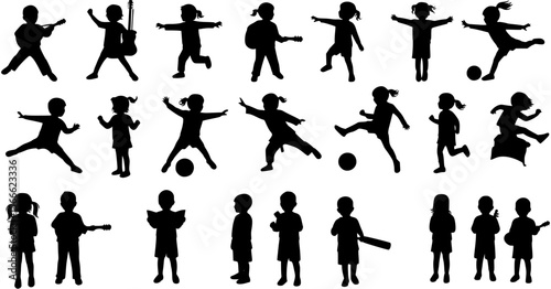 Silhouettes of children different poses standing together in row. Group of kids with various activities hobbies and sports vector silhouette set collection.