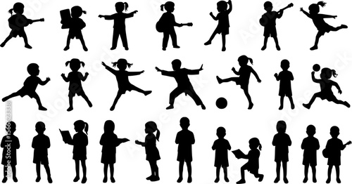 Silhouettes of children different poses standing together in row. Group of kids with various activities hobbies and sports vector silhouette set collection.