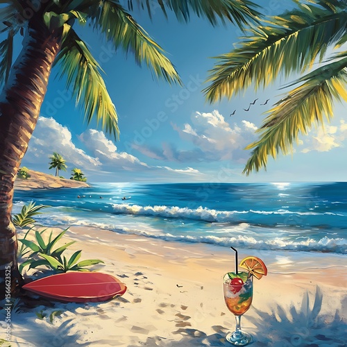 Beach and travel scenes: Sand, sun, ocean, surfboards, tropical drinks.