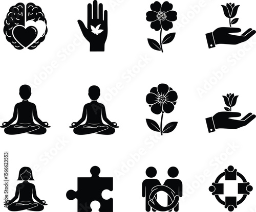 Collection of black icons representing mental health wellness and community