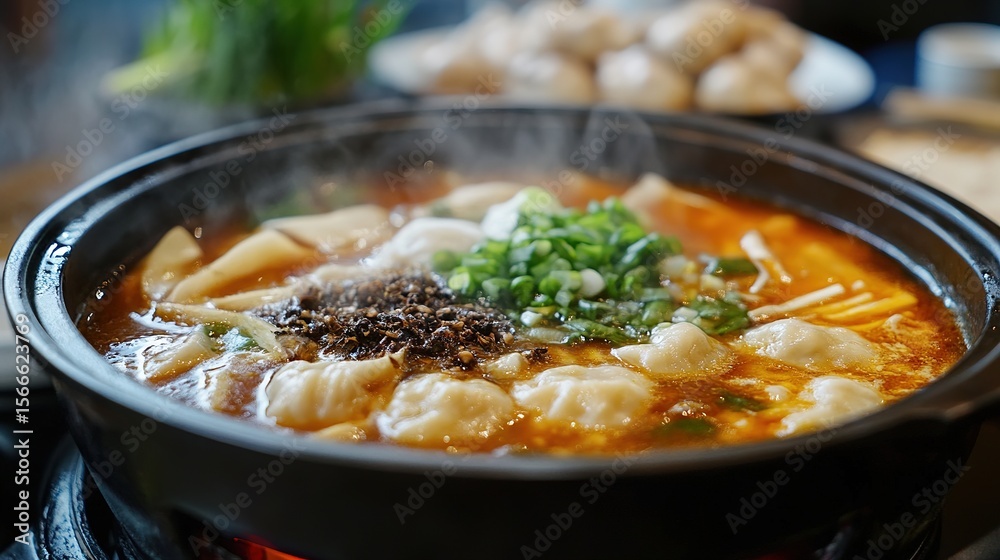 A steaming hot pot filled with spicy broth, dumplings, mushrooms, and green onions ready to be served. A steaming hot pot filled with spicy broth, dumplings, mushrooms, and green onions ready to be served.