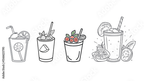 Line art illustration of a smoothie glass with a straw and toppings, minimalist and clean vector design capturing refreshing beverage, healthy drink, and casual lifestyle in a simple and elegant style