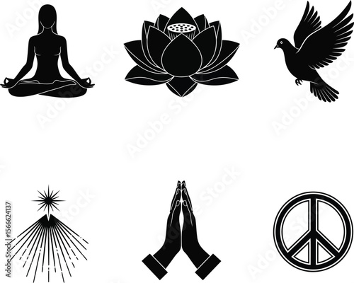 Collection of spiritual and peaceful symbols including yoga meditation lotus peace dove and prayer hands