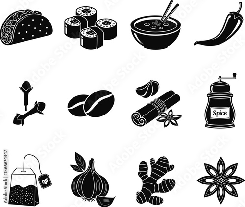 Collection of twelve black and white icons representing various foods and spices