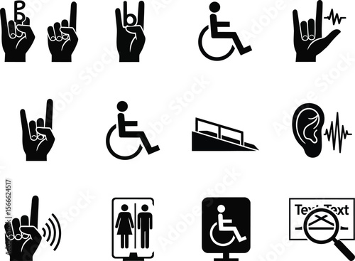 Collection of accessibility and communication icons including sign language and disability symbols