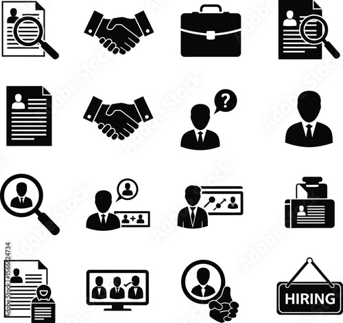 Collection of business and human resources icons representing hiring and employment
