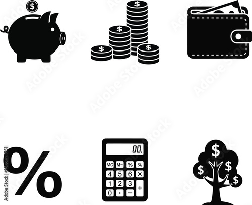 Collection of financial icons including piggy bank coins wallet percentage calculator and money tree