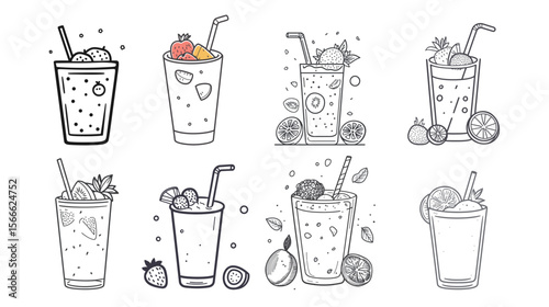 Line art illustration of a smoothie glass with a straw and toppings, minimalist and clean vector design capturing refreshing beverage, healthy drink, and casual lifestyle in a simple and elegant style