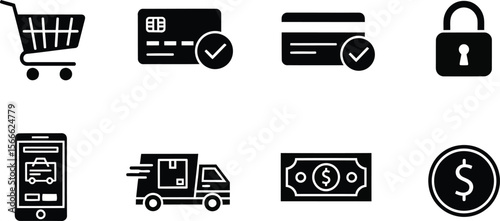 Set of eight black e commerce and payment icons on a white background