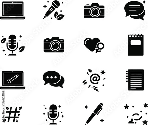 Collection of modern black icons representing communication creativity and digital life