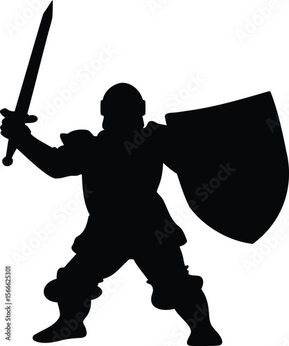 Silhouette of a Roman Soldier in Battle Stance with Shield and Raised Sword