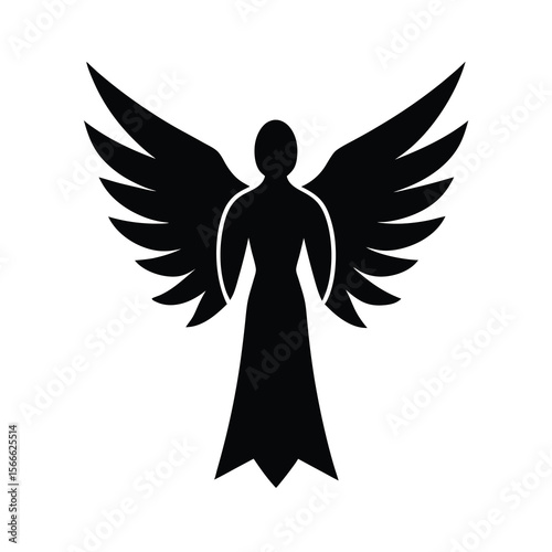 Elegant Angel Silhouette with Wings Spread Wide in Black and White