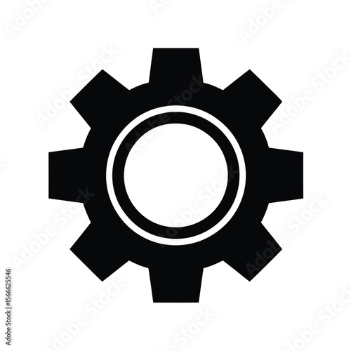 A minimalist black and white icon of a gear wheel