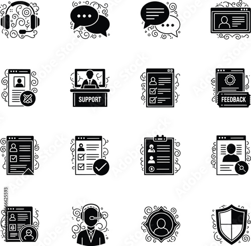 Collection of modern flat icons representing customer service communication and user profiles