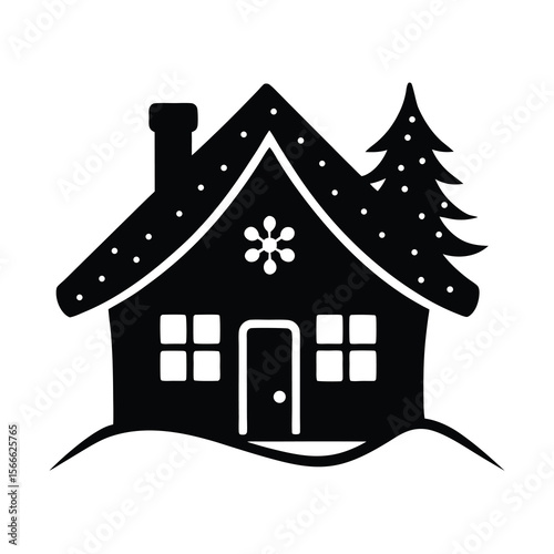 Winter House with Christmas Tree Silhouette Vector Illustration