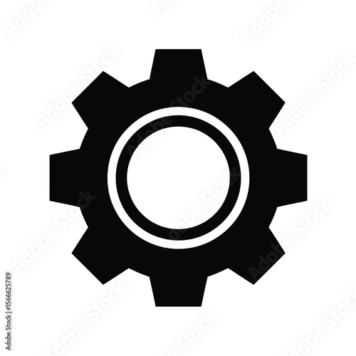 A minimalist black and white icon of a gear wheel