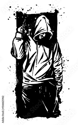 Shadowed Threat: A hooded figure wielding a handgun, creating a stark monochrome image and an atmosphere of mystery and foreboding.
