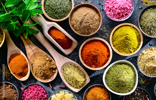 Fototapeta Naklejka Na Ścianę i Meble -  Composition with assortment of spices and herbs