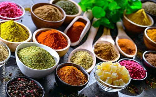 Fototapeta Naklejka Na Ścianę i Meble -  Composition with assortment of spices and herbs