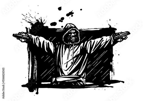 Gun-Wielding Figure with Hood in Graffiti Style: Striking graffiti-style illustration of a menacing figure in a hoodie, wielding guns amidst splatters of black ink.