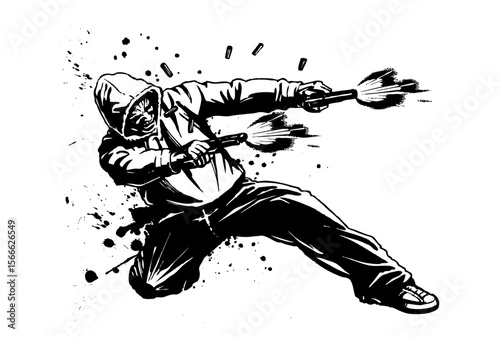 Hooded Figure with Molotov Cocktail: A dramatic black and white illustration of a hooded figure wielding a flaming molotov cocktail.
