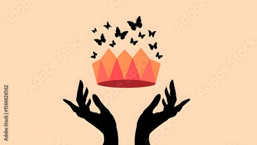 Crown with butterflies vector illustration hands holding crown elegant design art