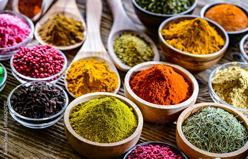 Fototapeta Naklejka Na Ścianę i Meble -  Composition with assortment of spices and herbs