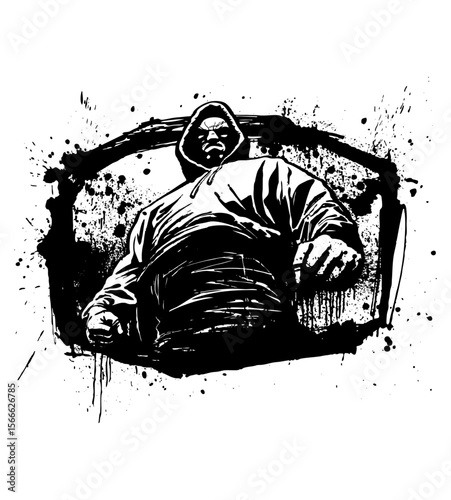 Ink Sketch of a Determined Figure: A powerful illustration, rendered in striking monochrome, showcasing a determined figure enveloped by a hooded sweatshirt. The artwork conveys strength, resolve.