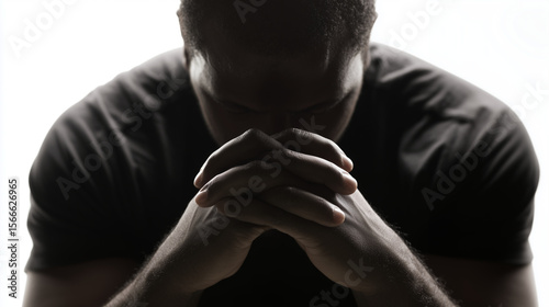 The pose conveys deep sadness or resignation. A person with their shoulders slumped forward, head bowed, and hands clasped loosely in front of them. 