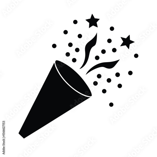 Black Silhouette of a Party Popper with Confetti and Stars