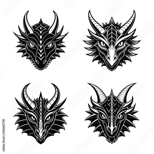Four black and white dragon masks