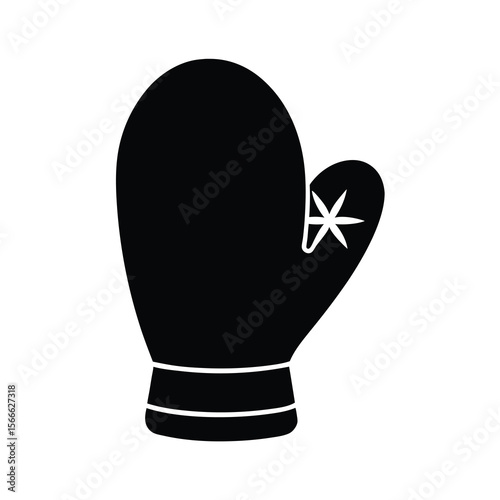 Black Winter Mitten Icon with Snowflake Design on White Background